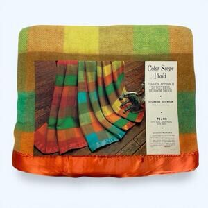 Vintage Color Scope Orange Plaid Blanket Throw Made in USA 72x90